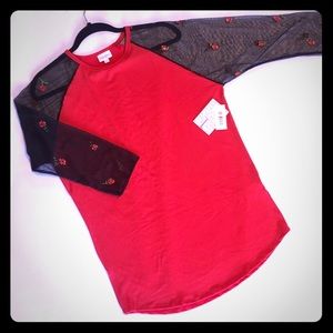 Lg True Red Randy Sheer/ Lace Embroidered Sleeves